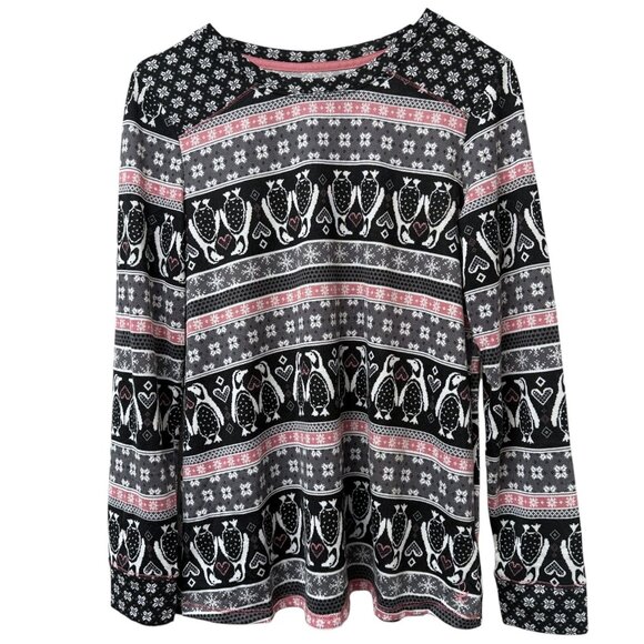 Cuddl Duds Fair Isle Lounge Top Medium Petite Black Penguins Long Sleeve Cozy PJ - Picture 1 of 8